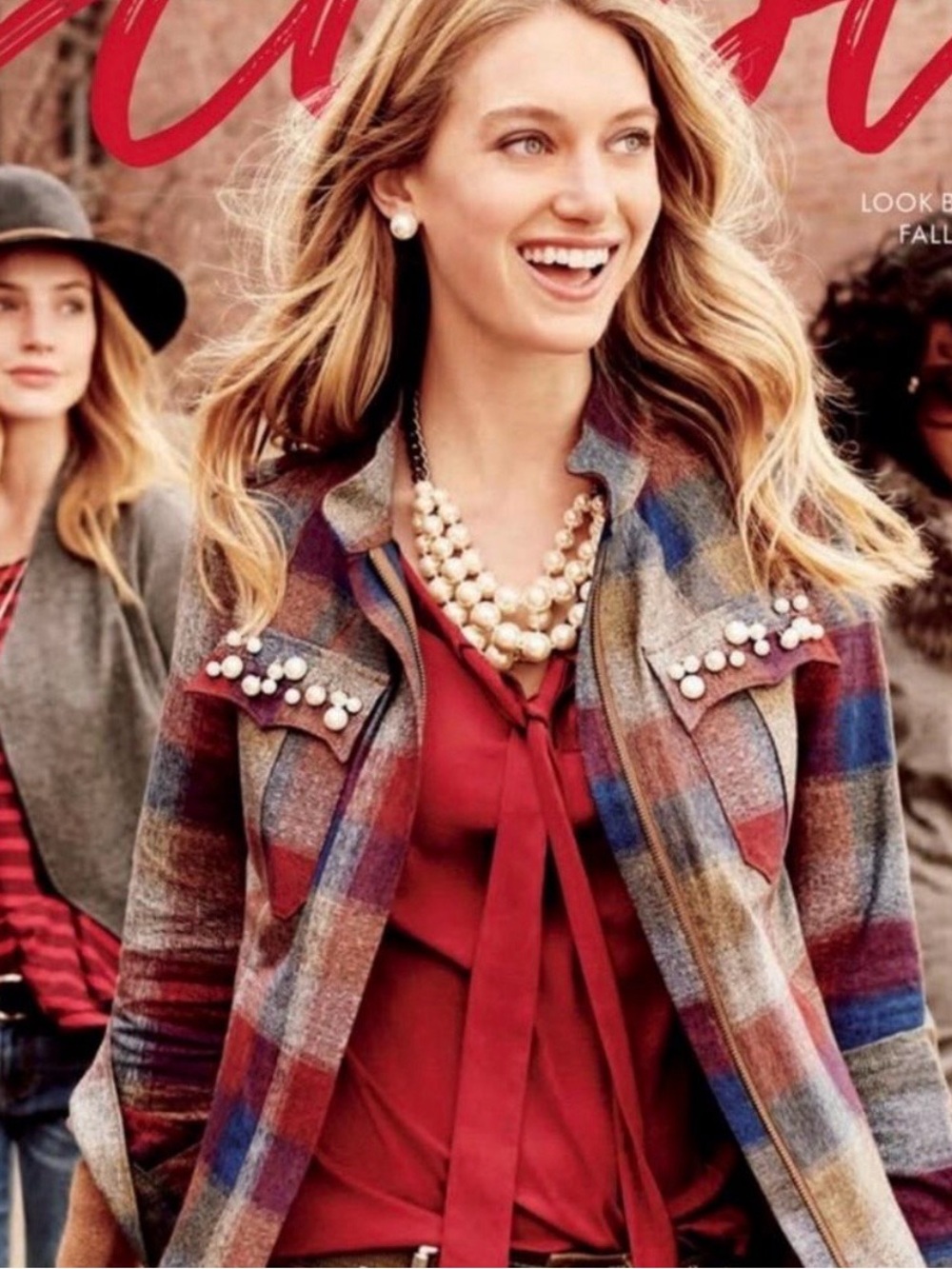 Cabi Collage Burgundy Navy Plaid Pearl Embellished Statement Zip Jacket Small